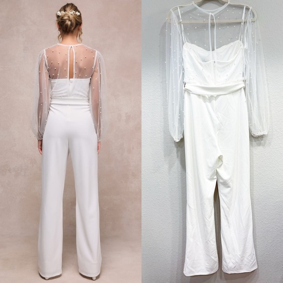 NWOT Lulus Lavish Darling White Mesh Pearl Belted Wide-Leg Jumpsuit - Picture 3 of 9
